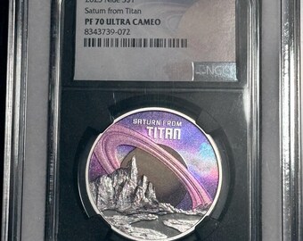 Saturn Rings From Titan Moon • 1 oz Pure Silver Colorized Proof Coin (.999 Fine) • 2025 Niue Galaxy Label • Graded NGC PF70 Ultra Cameo