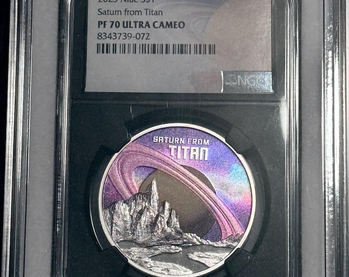 Saturn Rings From Titan Moon • 1 oz Pure Silver Colorized Proof Coin (.999 Fine) • 2025 Niue Galaxy Label • Graded NGC PF70 Ultra Cameo