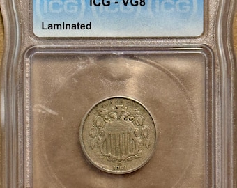 1869 Shield Nickel • MINT ERROR, Laminated (Delamination Flaw) • Graded ICG VG8