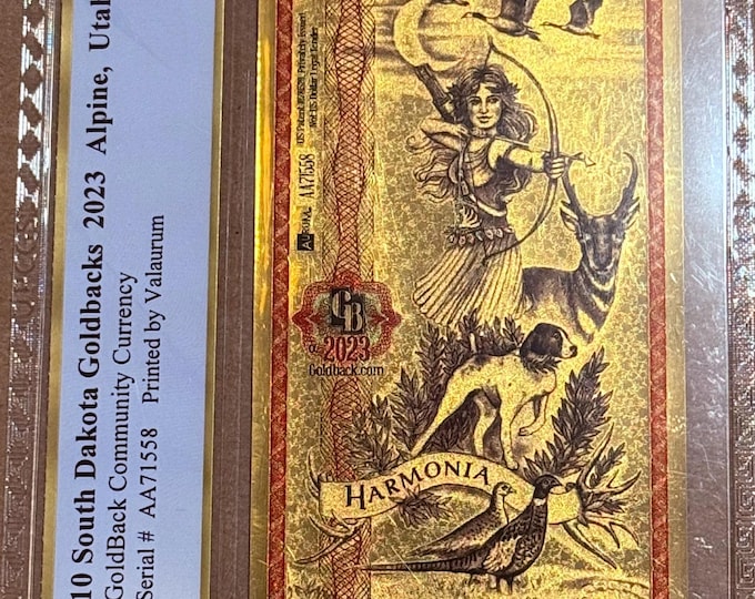 2023 South Dakota Alpha Series, 10 GOLDBACKS • First Year of Issue • 1/100oz Fine Gold Currency Note • Graded Gem Uncirculated, PCGS 69 PPQ