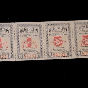 1939-1943 Original First Ever Food Stamp Program Credit Receipts • Uncut Strip of 6 Coupons • Orange Food Stamps • Excellent, Mint Condition