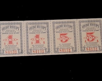 1939-1943 Original First Ever Food Stamp Program Credit Receipts • Uncut Strip of 6 Coupons • Orange Food Stamps • Excellent, Mint Condition