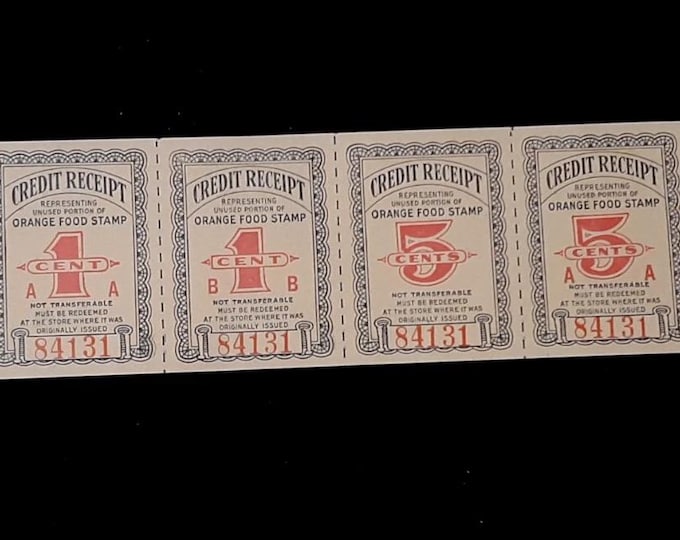 1939-1943 Original First Ever Food Stamp Program Credit Receipts • Uncut Strip of 6 Coupons • Orange Food Stamps • Excellent, Mint Condition