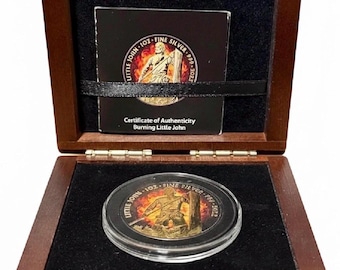2022 Great Britain Burning Little John, Robin Hood • 1 oz Fine Silver with Ruthenium Finish • Capsule, Display Box, & COA • Mintage #152/200