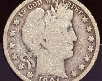 1901 P Barber Half Dollar 50c • Philadelphia Mint • 90% Pure Silver Type Coin • Raw, Ungraded G (Good)