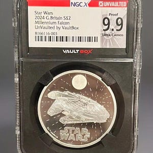 2024 Great Britain, Star Wars Millennium Falcon, 1 oz Pure Silver Coin (.999 Fine), Graded NGCX Proof 9.9 (PF69) UCAM Ultra Cameo