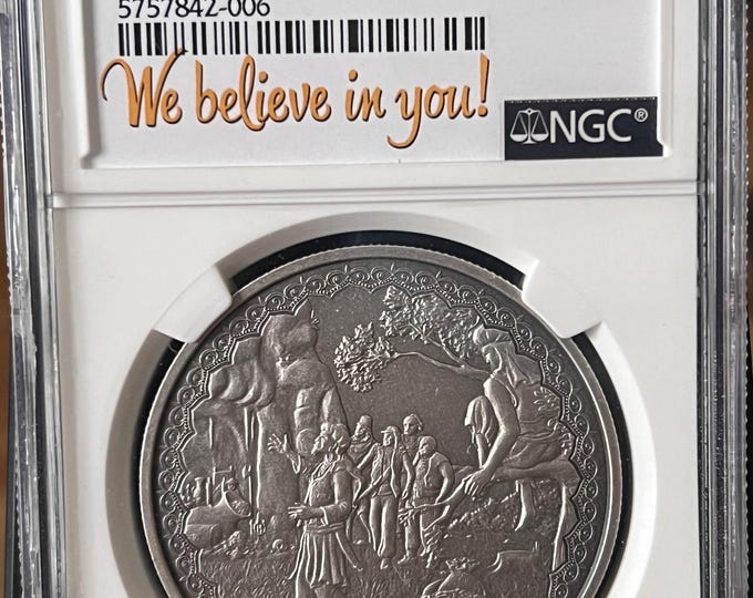 Legendary Tales Series, Ali Baba Arabian Nights • 1 oz Fine Silver World Coin • We Believe in You 7K Label • 2019 Niue • NGC MS69 Antiqued