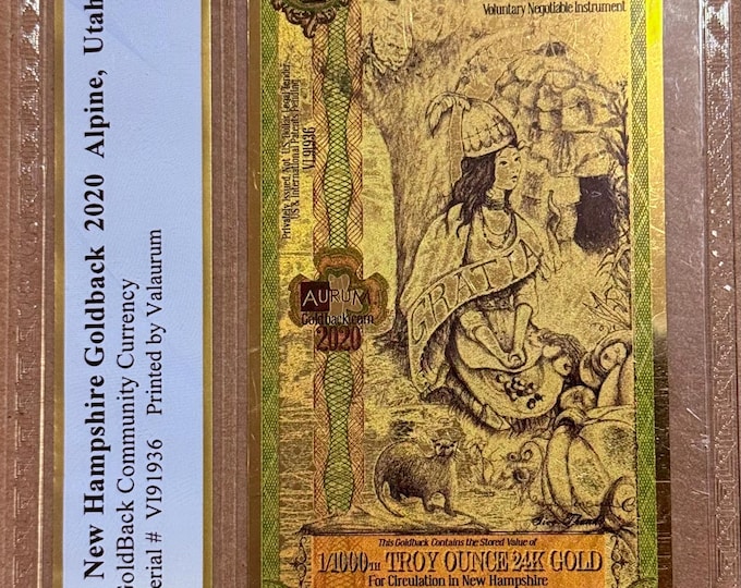2020 New Hampshire Pre-Alpha 1 GOLDBACK • First Year of Issue • 1/1000oz Fine Gold • .999 Fine Gold Currency Note • Graded PCGS 69 PPQ