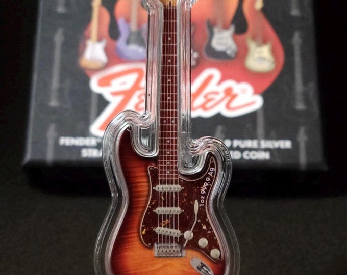 PAMP Suisse Fender Am Pro Stratocaster Guitar Shaped 1 oz Fine Silver Bar • Comet Burst • 2024 Solomon Islands • Limited Mintage #1001/1460