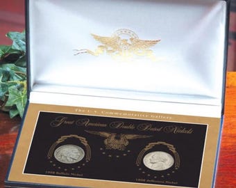 Great American Double Dated Nickel Set • 1938 D Buffalo Nickel + 1938 P Jefferson Nickel in Acrylic Holder & Commemorative Display Box