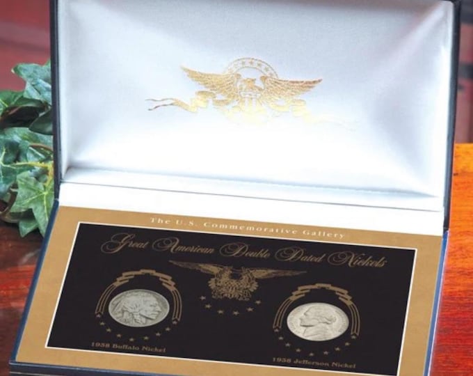 Great American Double Dated Nickel Set • 1938 D Buffalo Nickel + 1938 P Jefferson Nickel in Acrylic Holder & Commemorative Display Box