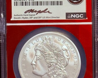 2023 Fiji One Dollar Coin • 1878 CC Morgan Dollar • EDC Red Core, First Day of Issue, David Ryder Signed Label • 1 oz Fine Silver • NGC MS70