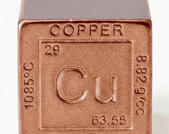 5 oz Pure Copper Cube, Cu Element Design • 1” Square Solid Copper Bar (.999 Fine)