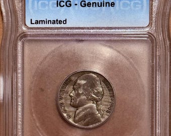 1943 P Jefferson Silver War Nickel • Lamination MINT ERROR, Laminated Flaw • Graded ICG Genuine