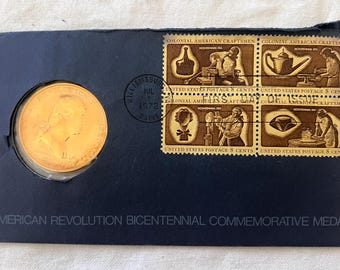 1972 American Revolution Bicentennial George Washington Bronze Medal • Original Treasury Envolope + Colonial Era Postage Stamps, First Day