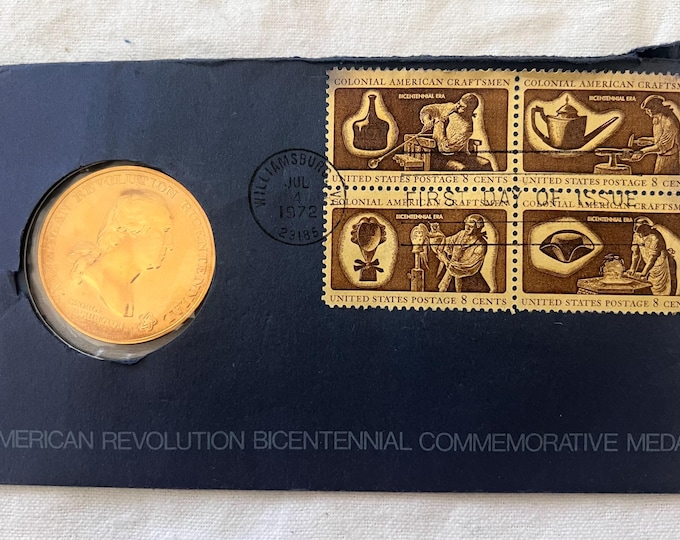 1972 American Revolution Bicentennial George Washington Bronze Medal • Original Treasury Envolope + Colonial Era Postage Stamps, First Day