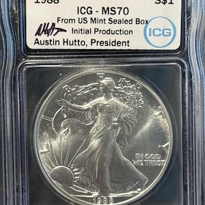1988 American Silver Eagle • Philadelphia Mint • Initial Production, From Mint Sealed Box, Austin Hutto Signed Label • Graded ICG MS70
