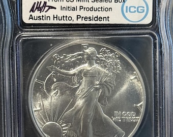 1988 American Silver Eagle • Philadelphia Mint • Initial Production, From Mint Sealed Box, Austin Hutto Signed Label • Graded ICG MS70
