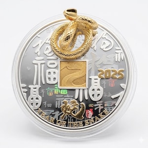 Könnte beinhalten: Eine runde Gedenkmünze mit einer goldfarbenen, gewundenen Schlangenskulptur darauf. Die Münzoberfläche zeigt den Text 2025, Year of the Snake, sowie verschiedene chinesische Schriftzeichen in Silber- und Hologrammoptik mit einem goldenen Quadrat.
