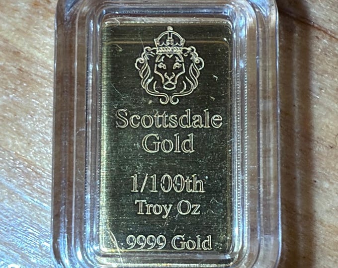 Scottsdale Mint 1/100th Oz Fine Gold Bar • 99.99% Pure Gold • Small Fractional Gold in Protective Capsule • .9999 Prepper Gold