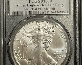 2025 P American Silver Eagle with Soaring Eagle Privy Mark • Black Label, 1 of 250 • Philadelphia Mint • Graded PCGS MS70