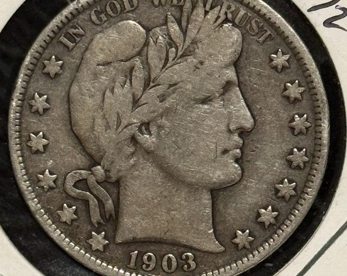 1903 P Barber Half Dollar 50c • 90% Pure Silver Coin • Philadelphia Mint • Higher Grade Fine
