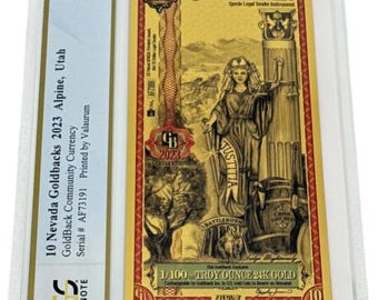 2023 Nevada 10 GOLDBACKS • 1/100 oz Fine Gold, 99.9% Pure • Fractional Gold Currency • Graded Supreme Gem Uncirculated, PCGS Banknote 70 PPQ