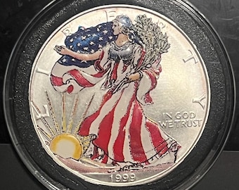 1999 Colorized American Silver Eagle • Lady Liberty in a Red, White & Blue Flag Dress • 1 oz Fine Silver Coin in Airtight Protective Capsule