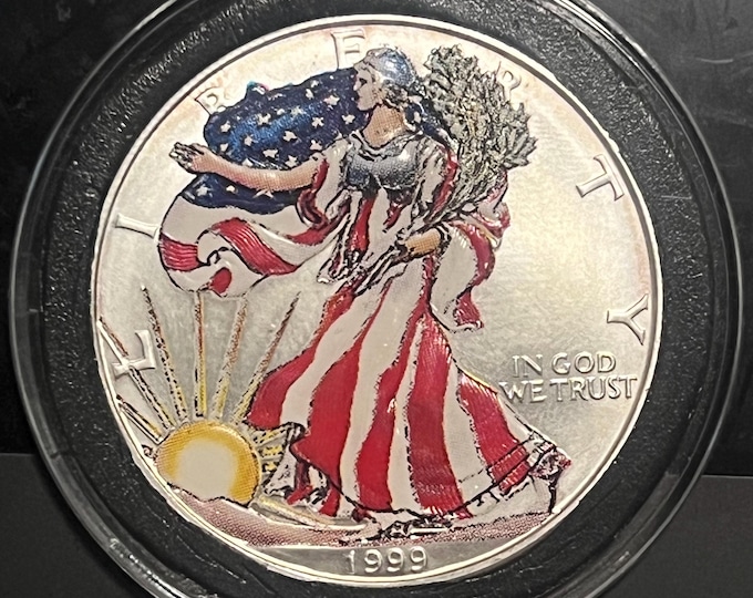 1999 Colorized American Silver Eagle • Lady Liberty in a Red, White & Blue Flag Dress • 1 oz Fine Silver Coin in Airtight Protective Capsule