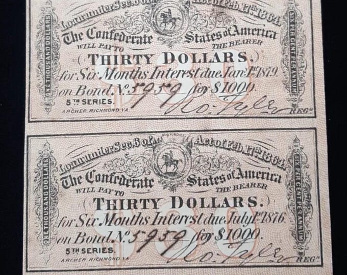 Confederate States of America Civil War 5th Series 1,000 Bond • Uncut Sheet of 4 Coupons, 6 Months Interest • Payable 1874, 1876, 1879, 1881