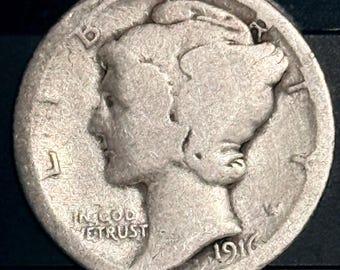 1916 D Mercury Dime 10c • KEY DATE • 90% Pure Silver Type Coin • Denver Mint • Winged Liberty Head • Ungraded FR/Ag (Fair/About Good)