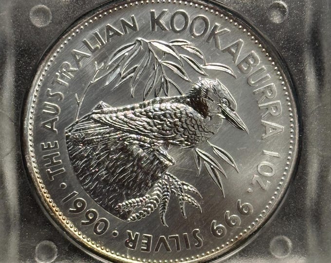Vintage 1990 Australia Silver Kookaburra • 1 oz Fine Silver (99.9% Pure) • First Year of Issue (5 Dollar) in Original Mint Display Capsule