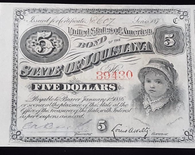 Vintage 5 Dollar Baby Bonds • State of Louisiana • Obsolete US Currency • Red Serial # • Payable 1884 1885 1886 • Excellent, Mint Condition