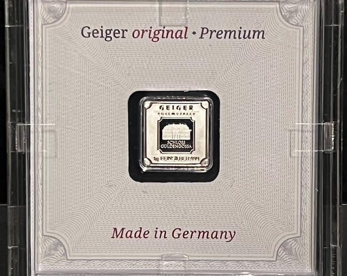 Geiger Edelmetalle Original Premium Square Silver Bar • Encapsulated with Assay • 1 Gram Pure Silver Bullion (.999 Fine)