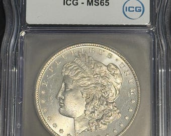 1878 S Morgan Silver Dollar • 90% Bright White Silver Coin • First Year of Issue • San Francisco Mint • Graded ICG MS65