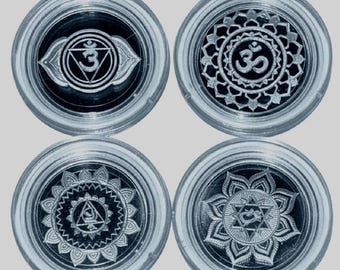 SET OF 4 Chakra Silver Rounds, 15mm • Third Eye, Heart, Solar Plexus & Crown Symbols in Premium Capsules • 1 Gram Pure Silver (.999 Fine)