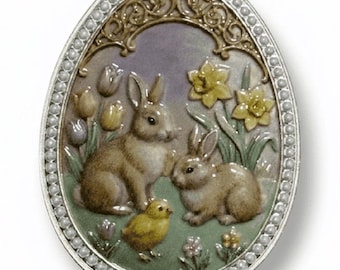 Pure Silver Bunny Rabbit & Baby Chick Themed Art Bar • Colorized Egg Shaped Round • 2 Grams Pure Silver (.999 Fine)