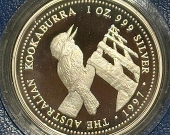 1997 Australia Silver Proof Kookaburra • 1 oz Pure Silver (.999 Fine) • Perth Mint Original Vintage Pouch + COA • Limited Mintage #2285/3500