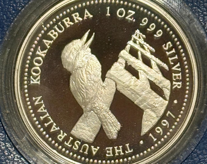 Featured listing image: FEATURED SALE! 1997 Australia Silver Proof Kookaburra • 1 oz Pure Silver (.999 Fine) • Vintage Pouch + COA • Limited Mintage #2285/3500