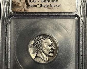 Authentic HOBO NICKEL Hand-Carved on a Buffalo Nickel by Artist Bp • Graded ICG Genuine