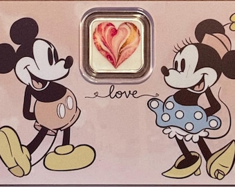 Mickey & Minnie Mouse Love Heart Square Silver Bar in Assay Card • 1 Gram Pure Silver (.999 Fine) • Limited Mintage #2845