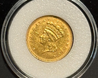 1862 Indian Princess Large Head Gold Dollar, Type 3 • 90% Pure Gold • Raw, Ungraded Civil War One Dollar Coin in Protective Capsule