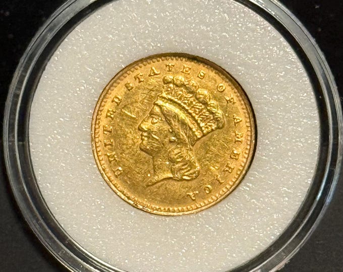 1862 Indian Princess Large Head Gold Dollar, Type 3 • 90% Pure Gold • Raw, Ungraded Civil War One Dollar Coin in Protective Capsule