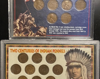 AMERICAN PENNIES SET • Two Centuries of Indian Head Pennies (1899-1908) + WW2 Shell Case Wheat Penny Collection (1944-1946) • 15 Cents Total