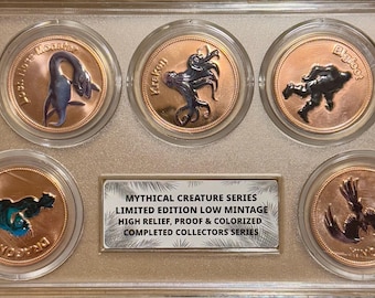 Complete Set of 5 Mythical Creature Series Copper Rounds • 1 oz Pure Copper in Limited Edition Collectors Protective Display (.999 Fine)