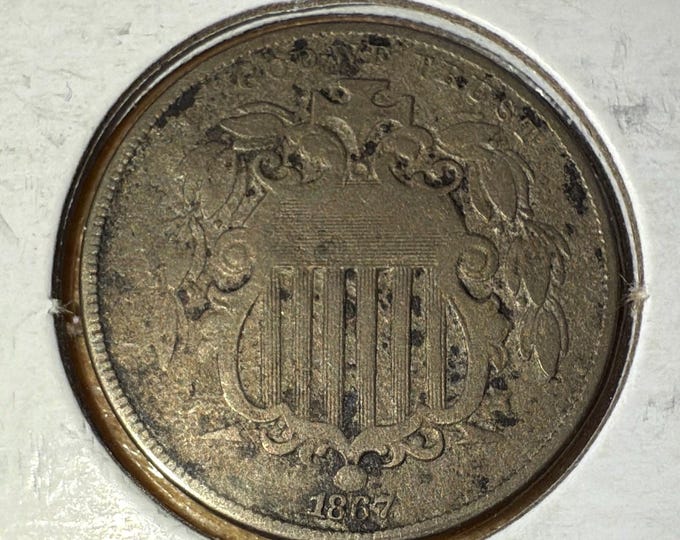 1867 Shield Nickel (No Rays) • United States Type Coin • Ungraded F/VF Details Condition (Corrosion)