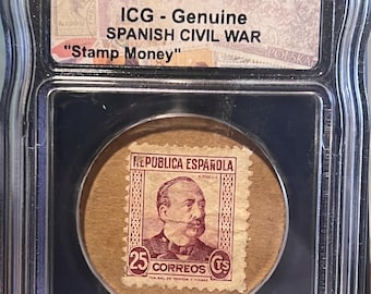 Authentic Spanish Civil War 25 Centimes Stamp Money (1936-1939) • Cardboard Disc Coin Currency from Spain • ICG Graded Genuine