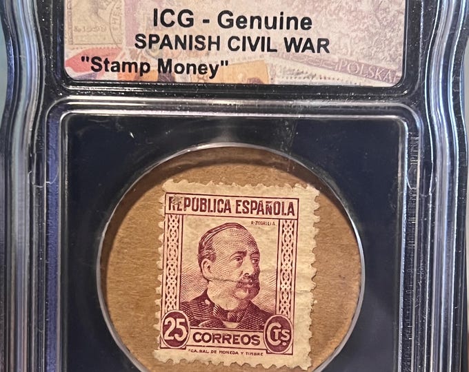 Spanish Civil War STAMP MONEY from 1936 to 1939 • Spain 25 Centimes Correos Coin Cardboard Disc • Better Condition • Graded Genuine by ICG