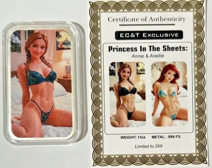 Ariel & Anna Colorized Sexy Silver Art Bar • Princess in the Sheets Mature Series + COA • 1 oz Pure Silver 999 Fine • Limited Mintage of 269