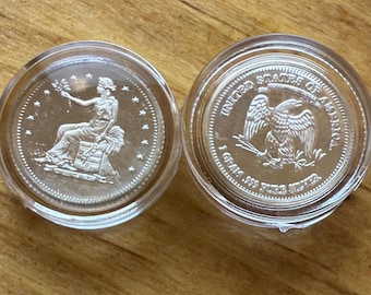 SET OF 2 Miniature Silver Trade Dollar Tribute Coin in Protective Capsule • 1 Gram Fine Silver (99.9% Pure) • Fractional Round, 15mm